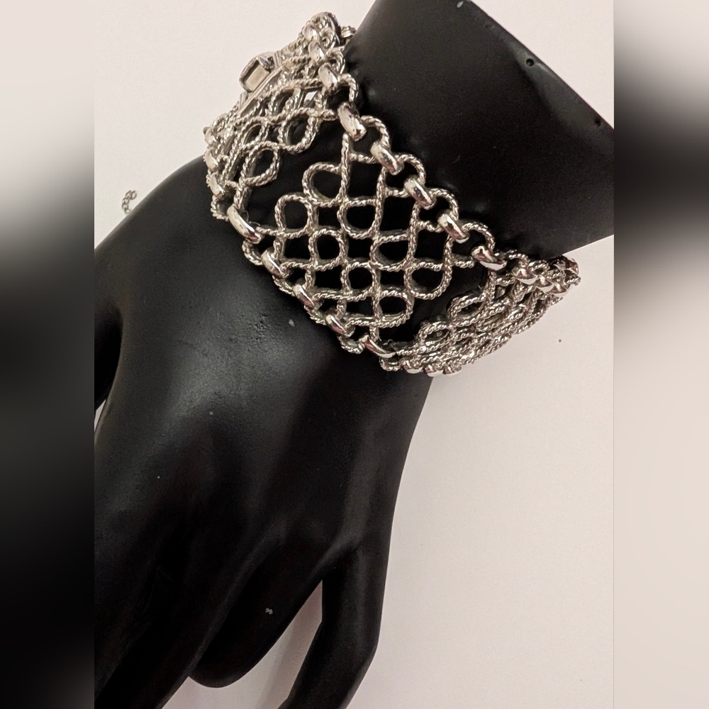 Mid-Century Sarah Coventry Silver-Tone Wide Filigree Panel Bracelet, Signed SARA